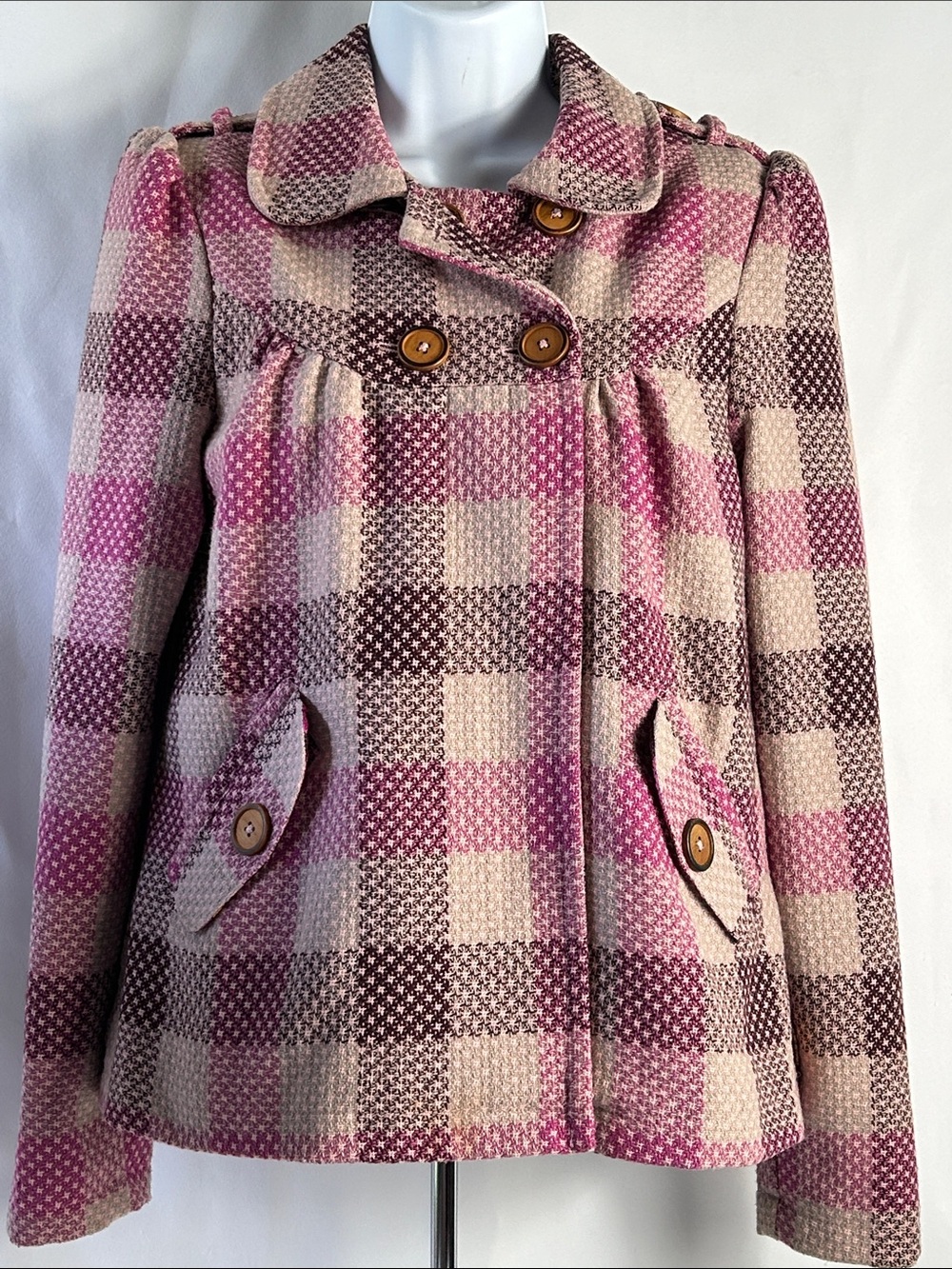 Billabong Women’s Small Pink Paid Woden Button Waist Length Lined Jacket Coat